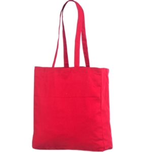 Punast värvi küljevoldiga riidest kott. Mõõdud: 38x10x42 cm