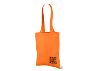 Oranži värvi orgaanilisest puuvillast kott logo peale trükiga